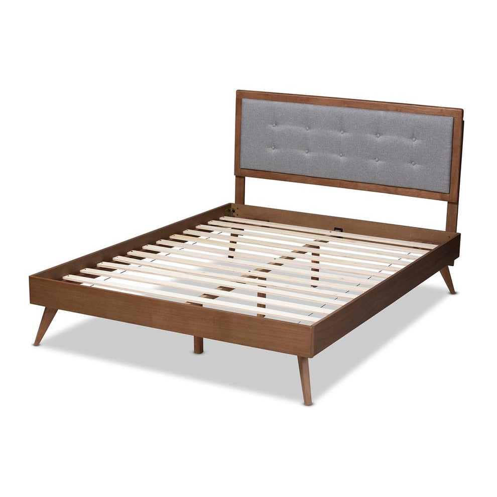 Baxton Studio Ines Mid-Century Modern Light Grey Fabric Upholstered Walnut Brown Finished Wood King Size Platform Bed | Beds | Modishstore - 3