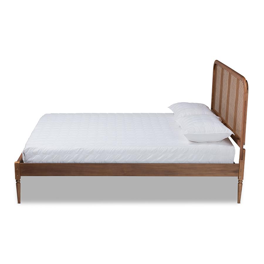 Baxton Studio Elston Mid-Century Modern Walnut Brown Finished Wood and Synthetic Rattan King Size Platform Bed | Beds | Modishstore - 2