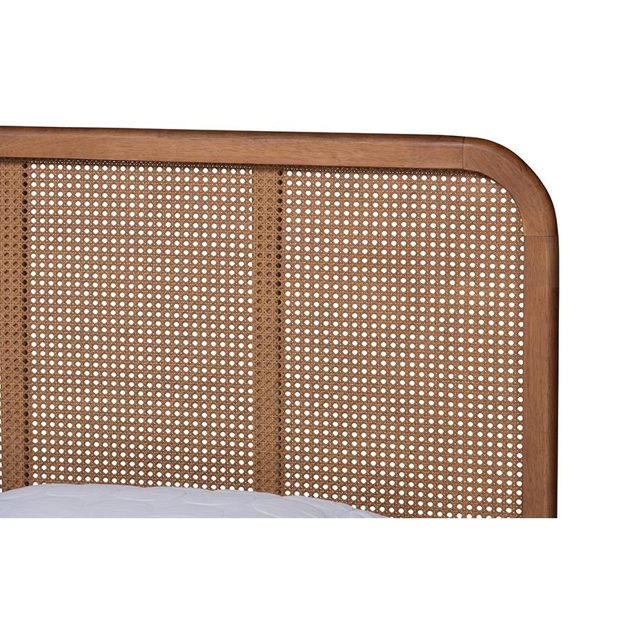 Baxton Studio Elston Mid-Century Modern Walnut Brown Finished Wood and Synthetic Rattan King Size Platform Bed | Beds | Modishstore - 4