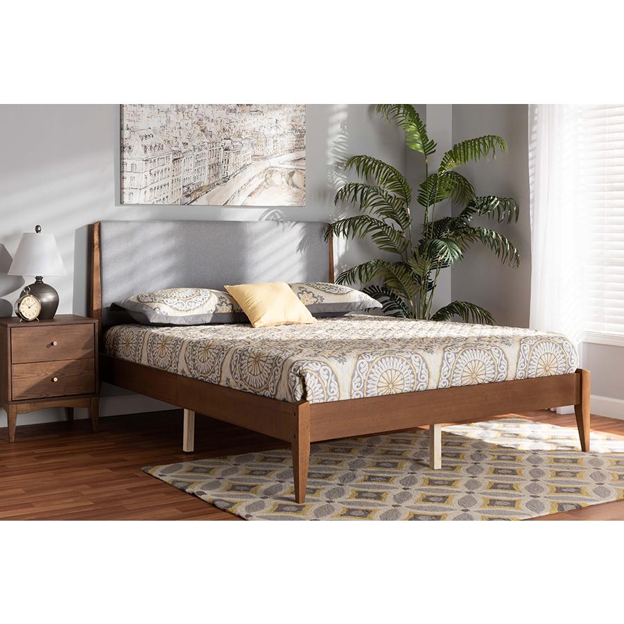 Baxton Studio Lenora Mid-Century Modern Grey Fabric Upholstered and Walnut Brown Finished Wood King Size Platform Bed | Beds | Modishstore - 2