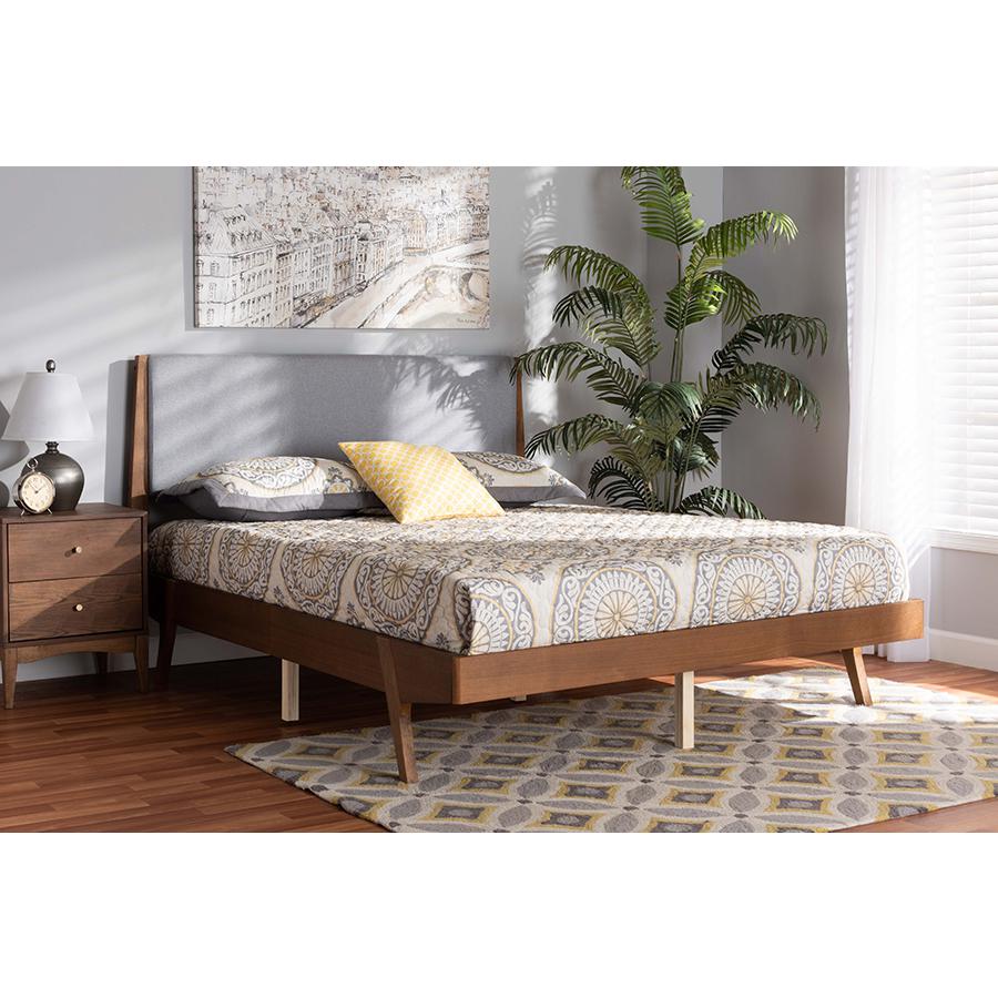 Baxton Studio Senna Mid-Century Modern Grey Fabric Upholstered and Walnut Brown Finished Wood King Size Platform Bed | Beds | Modishstore - 2