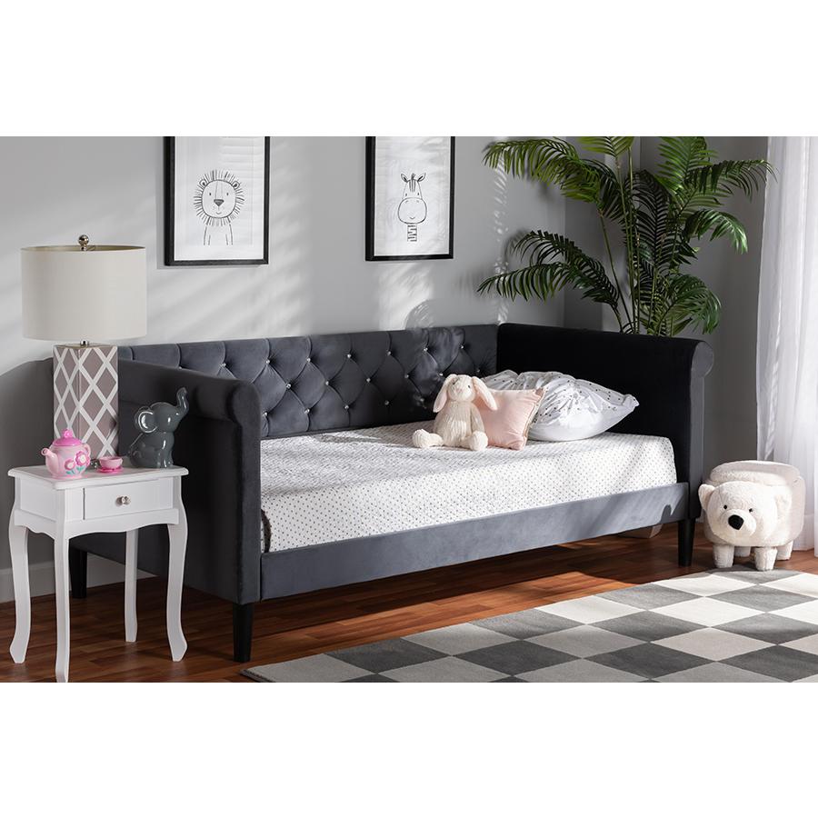 Baxton Studio Cora Modern and Contemporary Grey Velvet Fabric Upholstered and Dark Brown Finished Wood Full Size Daybed | Daybeds | Modishstore - 2