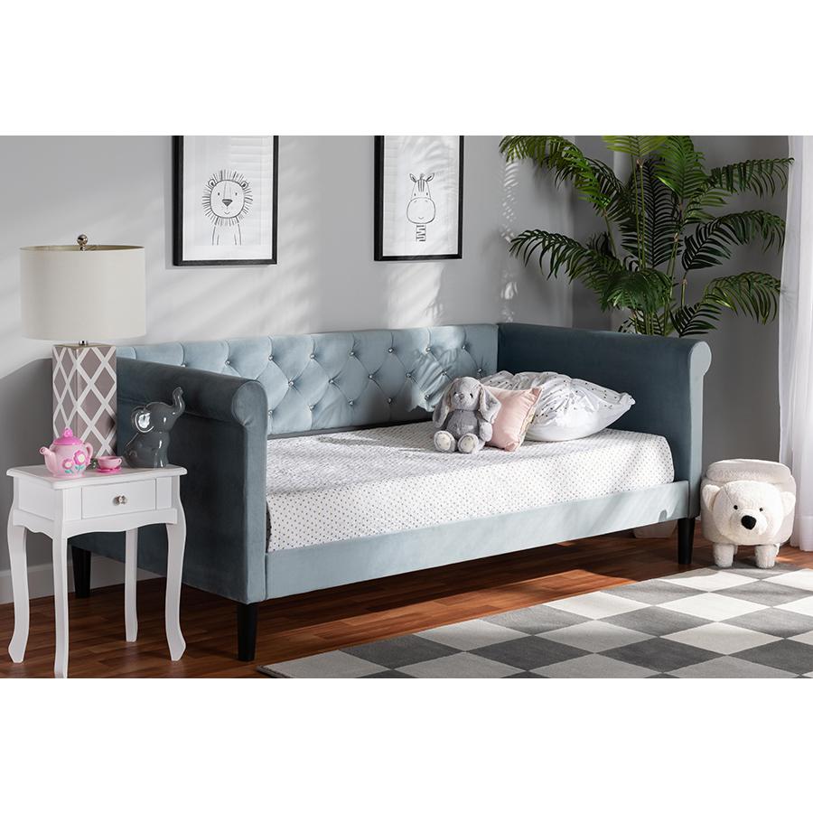 Baxton Studio Cora Modern and Contemporary Light Blue Velvet Fabric Upholstered and Dark Brown Finished Wood Full Size Daybed | Daybeds | Modishstore - 2
