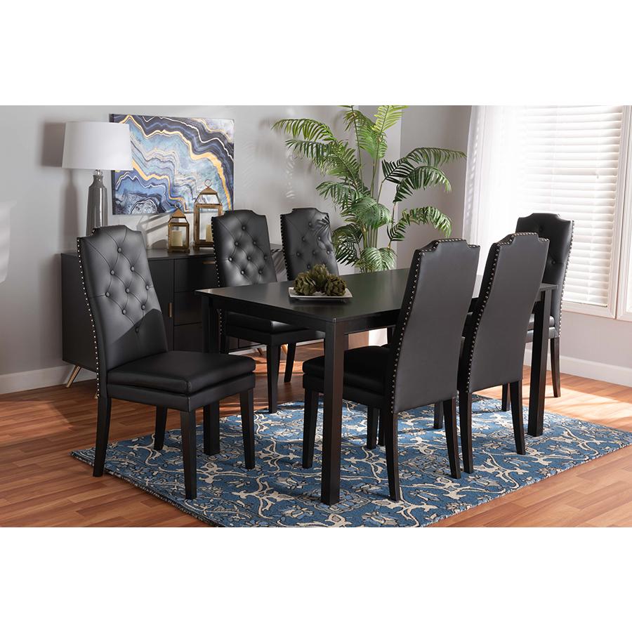 Baxton Studio Dylin Modern and Contemporary Black Faux Leather Upholstered and Dark Brown Finished Wood 7-Piece Dining Set | Dining Sets | Modishstore