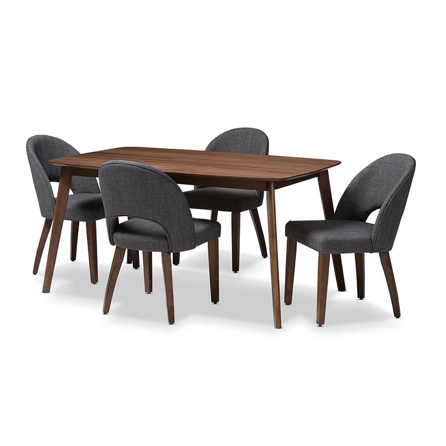 Baxton Studio Wesley Mid-Century Modern Dark Grey Fabric Upholstered Walnut Finished Wood 5-Piece Dining Set | Dining Sets | Modishstore - 2
