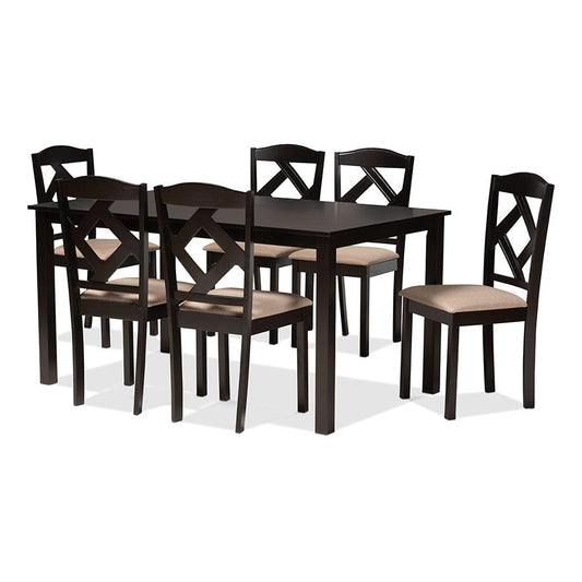 Baxton Studio Ruth Sand Fabric Upholstered and Dark Brown Finished Wood 7-Piece Dining Set | Dining Sets | Modishstore