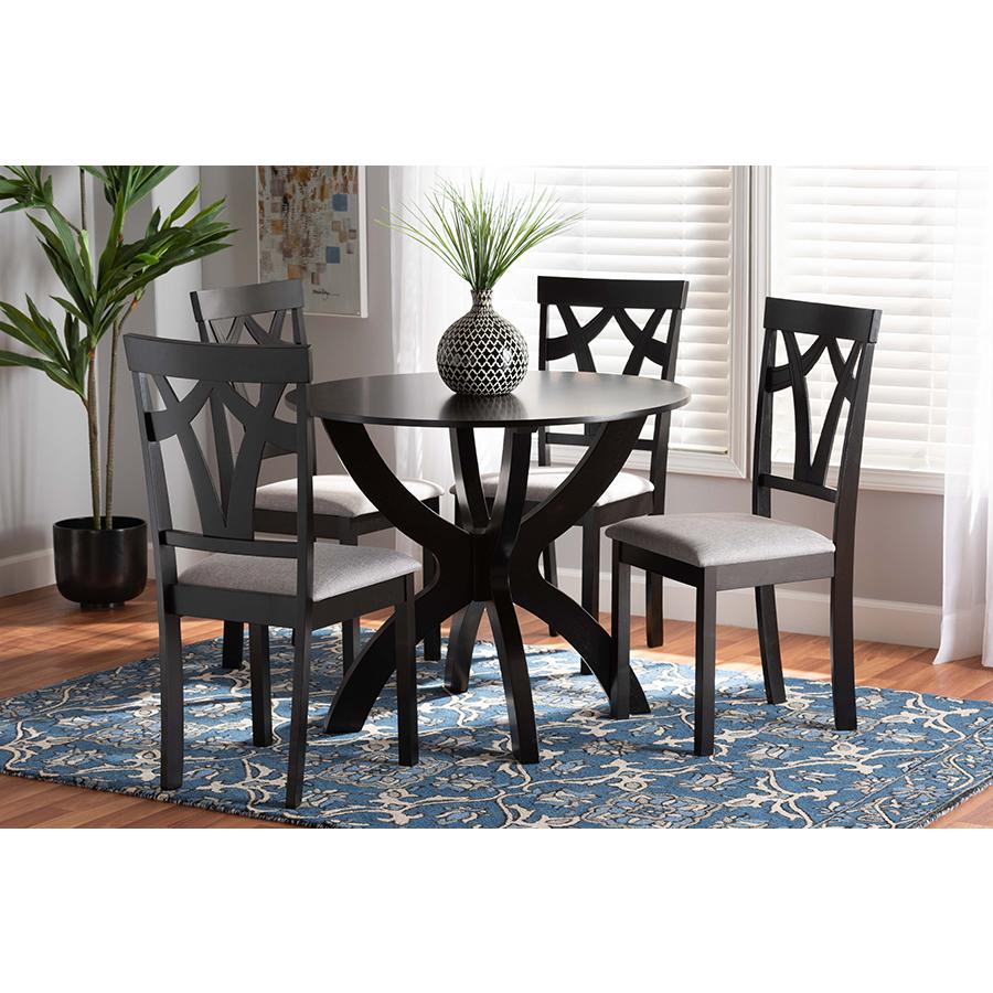 Baxton Studio Rasa Modern and Contemporary Grey Fabric Upholstered and Dark Brown Finished Wood 5-Piece Dining Set | Dining Sets | Modishstore