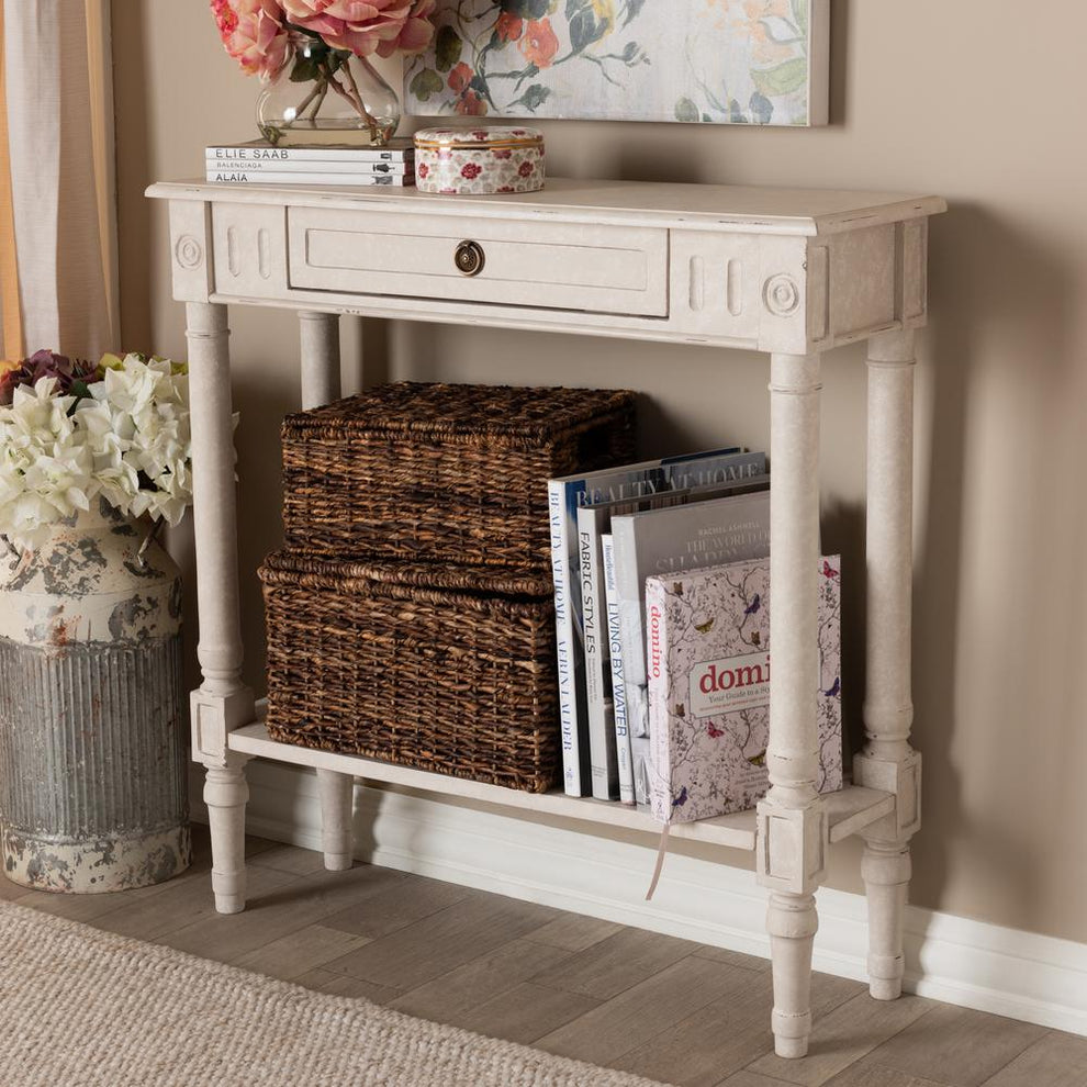 Baxton Studio Ariella Country Cottage Farmhouse Whitewashed 1-Drawer Console Table | Console Tables | Modishstore - 2