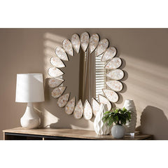 Baxton Studio Savita Modern and Contemporary Antique Silver Finished Round Shell Petal Accent Wall Mirror