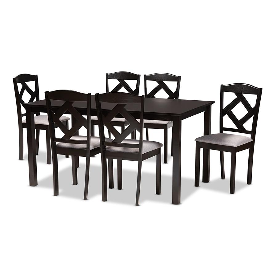 Baxton Studio Ruth Modern Transitional Grey Fabric Upholstered and Dark Brown Finished Wood 7-Piece Dining Set | Dining Sets | Modishstore - 2