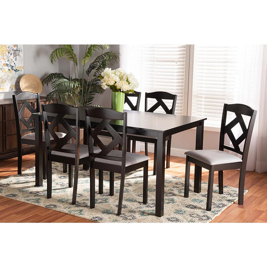 Baxton Studio Ruth Modern Transitional Grey Fabric Upholstered and Dark Brown Finished Wood 7-Piece Dining Set | Dining Sets | Modishstore