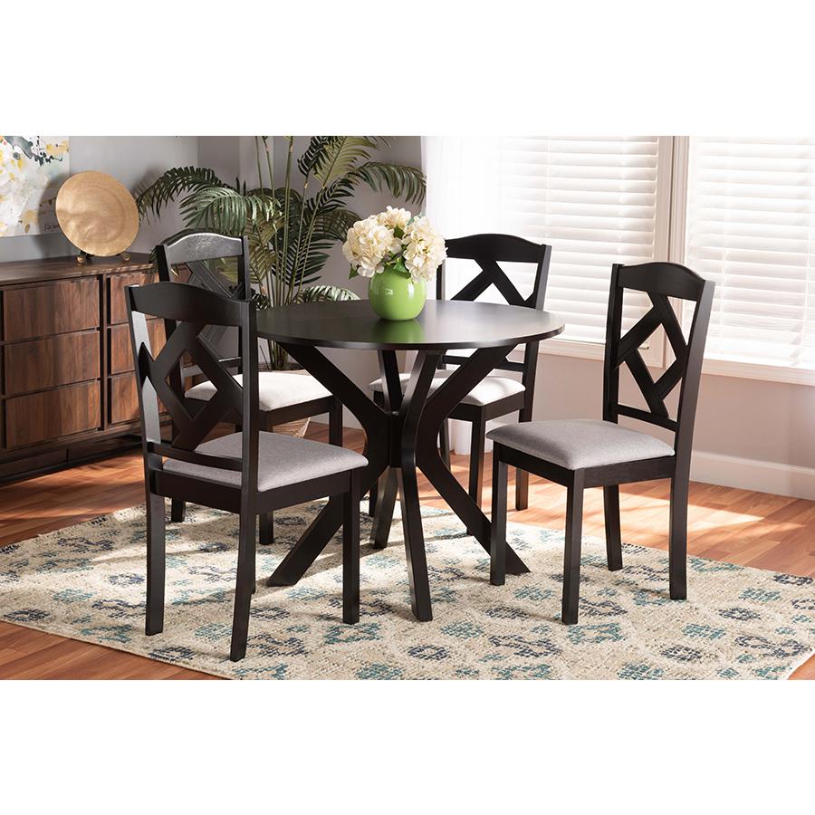 Baxton Studio Carlin Modern Transitional Grey Fabric Upholstered and Dark Brown Finished Wood 5-Piece Dining Set | Dining Sets | Modishstore