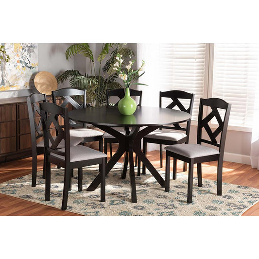 Baxton Studio Carlin Modern Transitional Grey Fabric Upholstered and Dark Brown Finished Wood 7-Piece Dining Set | Dining Sets | Modishstore
