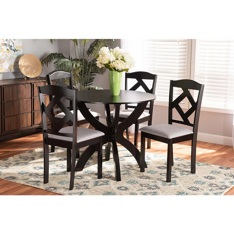 Baxton Studio Nesa Modern Transitional Grey Fabric Upholstered and Dark Brown Finished Wood 5-Piece Dining Set | Dining Sets | Modishstore