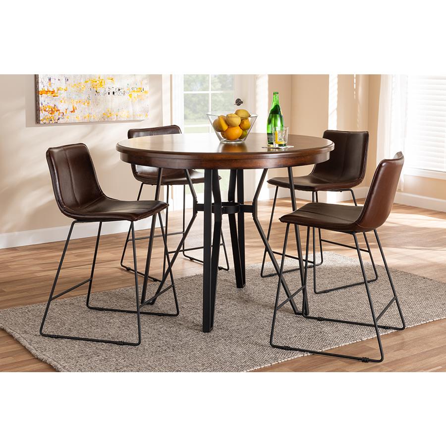Baxton Studio Carvell Rustic and Industrial Dark Brown Faux Leather Upholstered 5-Piece Pub Set | Bar Stools & Table | Modishstore - 4