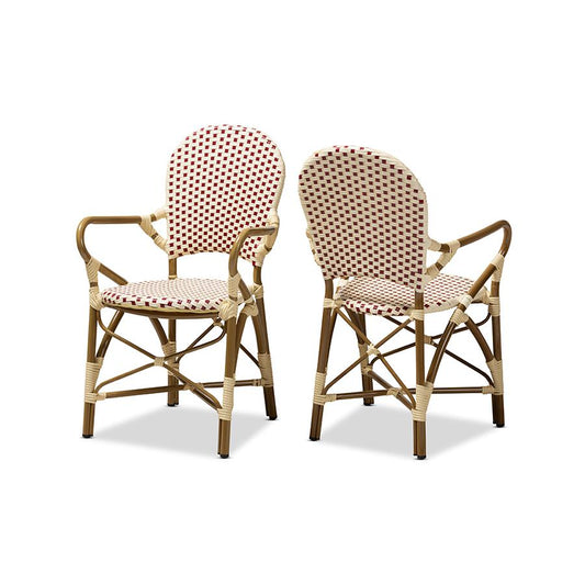 Baxton Studio Seva Classic French Indoor and Outdoor Beige and Red Bamboo Style Stackable Bistro Dining Chair Set of 2 | Dining Chairs | Modishstore