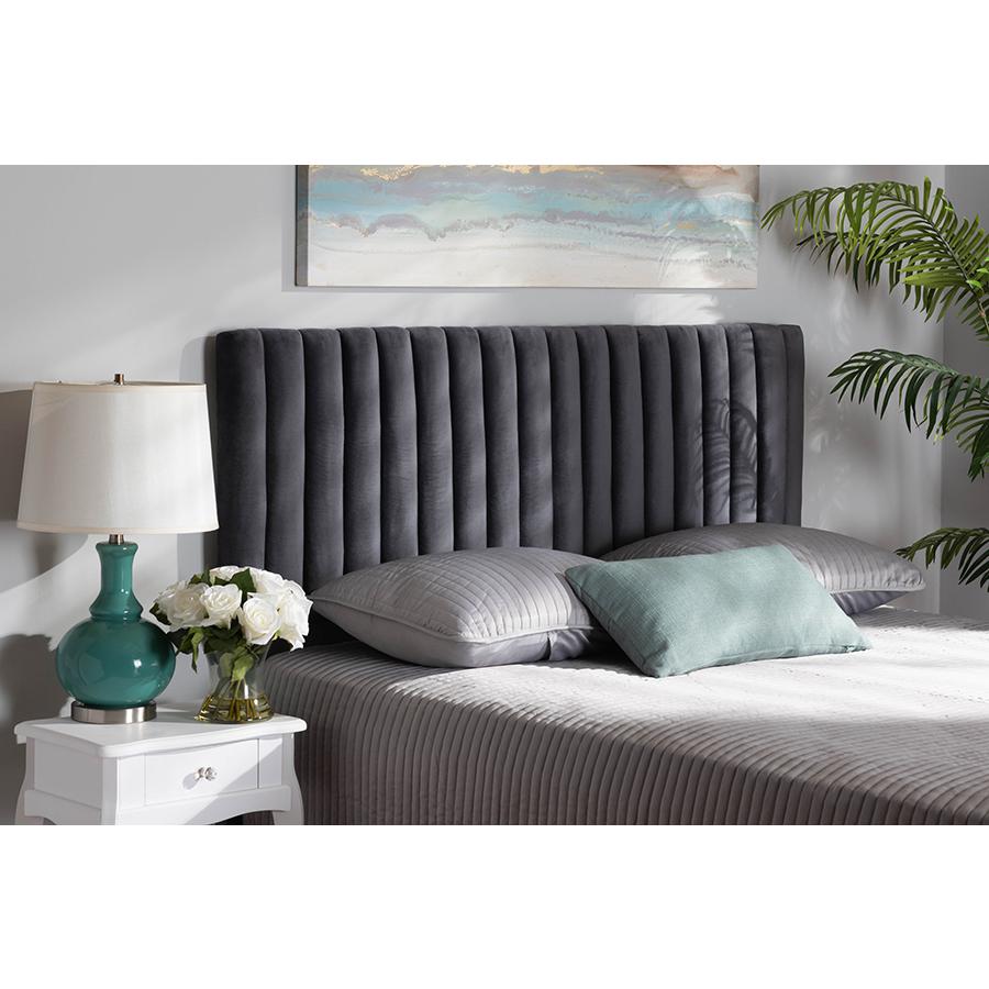 Baxton Studio Emile Modern and Contemporary Grey Velvet Fabric Upholstered and Dark Brown Finished Wood Queen Size Headboard | Headboards | Modishstore - 2