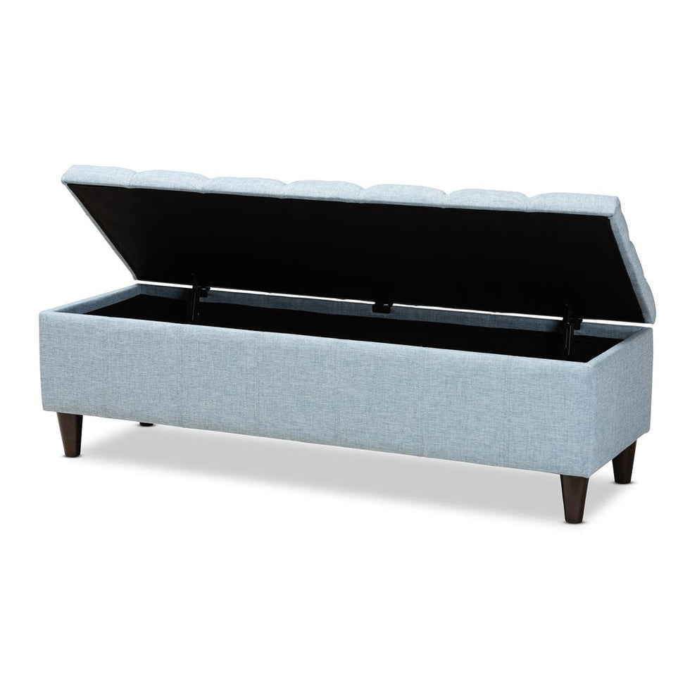 Baxton Studio Brette Mid-Century Modern Light Blue Fabric Upholstered Dark Brown Finished Wood Storage Bench Ottoman | Ottomans | Modishstore - 2