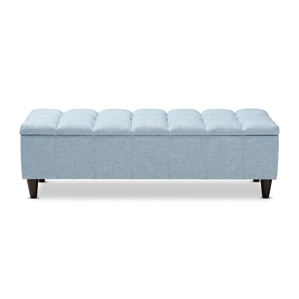 Baxton Studio Brette Mid-Century Modern Light Blue Fabric Upholstered Dark Brown Finished Wood Storage Bench Ottoman | Ottomans | Modishstore - 3