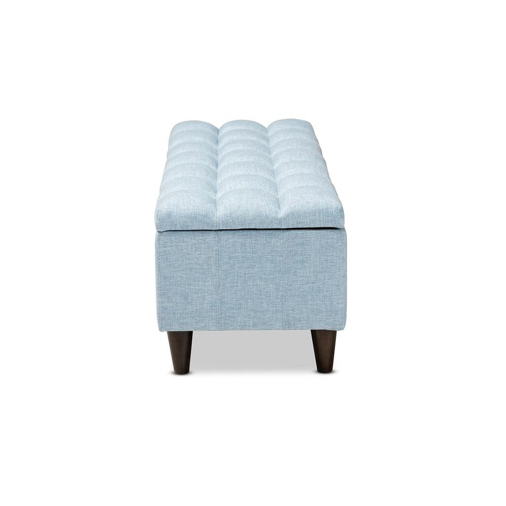 Baxton Studio Brette Mid-Century Modern Light Blue Fabric Upholstered Dark Brown Finished Wood Storage Bench Ottoman | Ottomans | Modishstore - 4