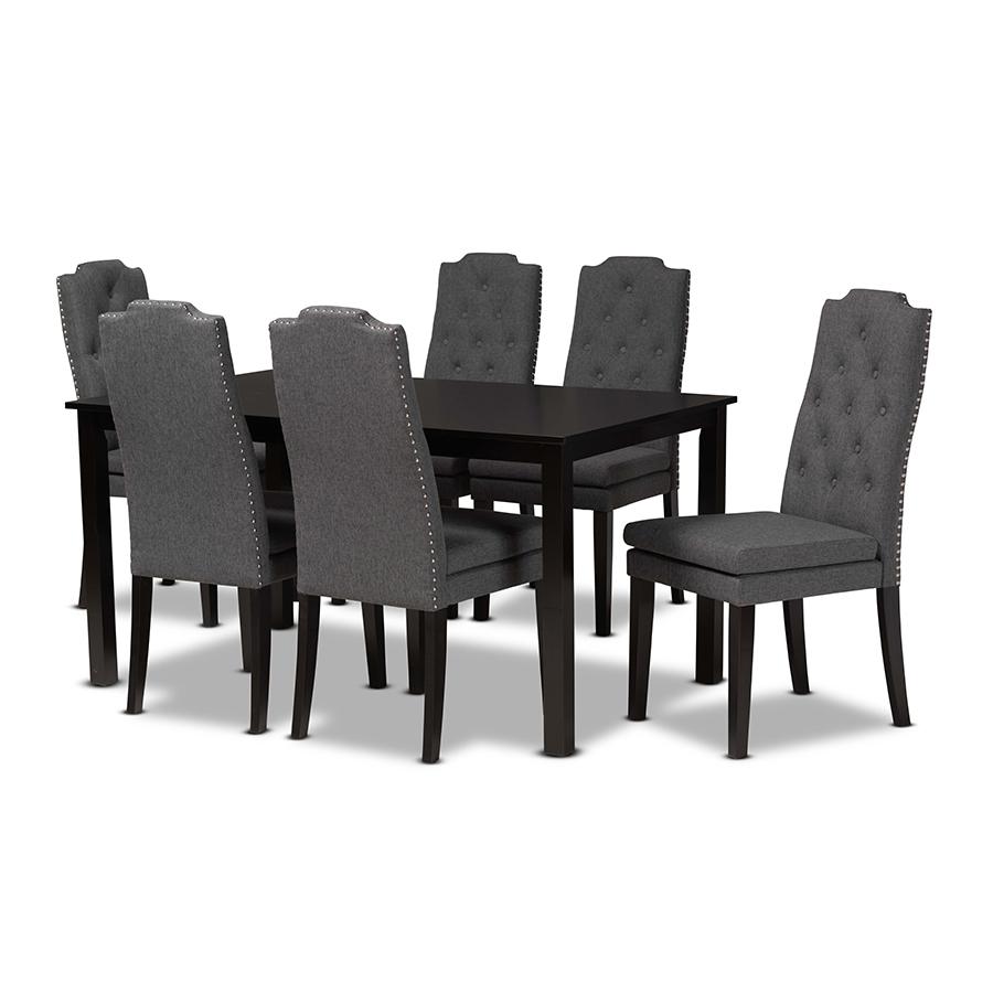 Baxton Studio Dylin Modern and Contemporary Dark Grey Fabric Upholstered and Dark Brown Finished Wood 7-Piece Dining Set | Dining Sets | Modishstore - 2