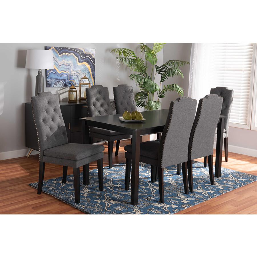 Baxton Studio Dylin Modern and Contemporary Dark Grey Fabric Upholstered and Dark Brown Finished Wood 7-Piece Dining Set | Dining Sets | Modishstore