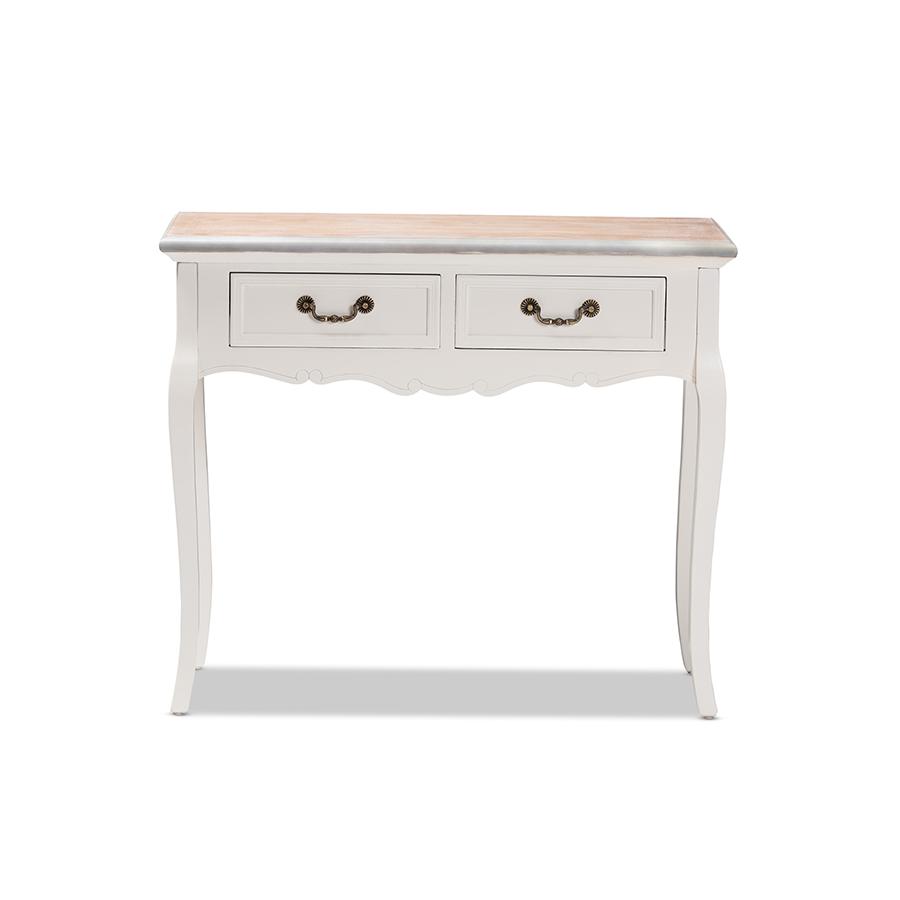 Baxton Studio Capucine Antique French Country Cottage Two Tone Natural Whitewashed Oak and White Finished Wood 2-Drawer Console Table | Console Tables | Modishstore