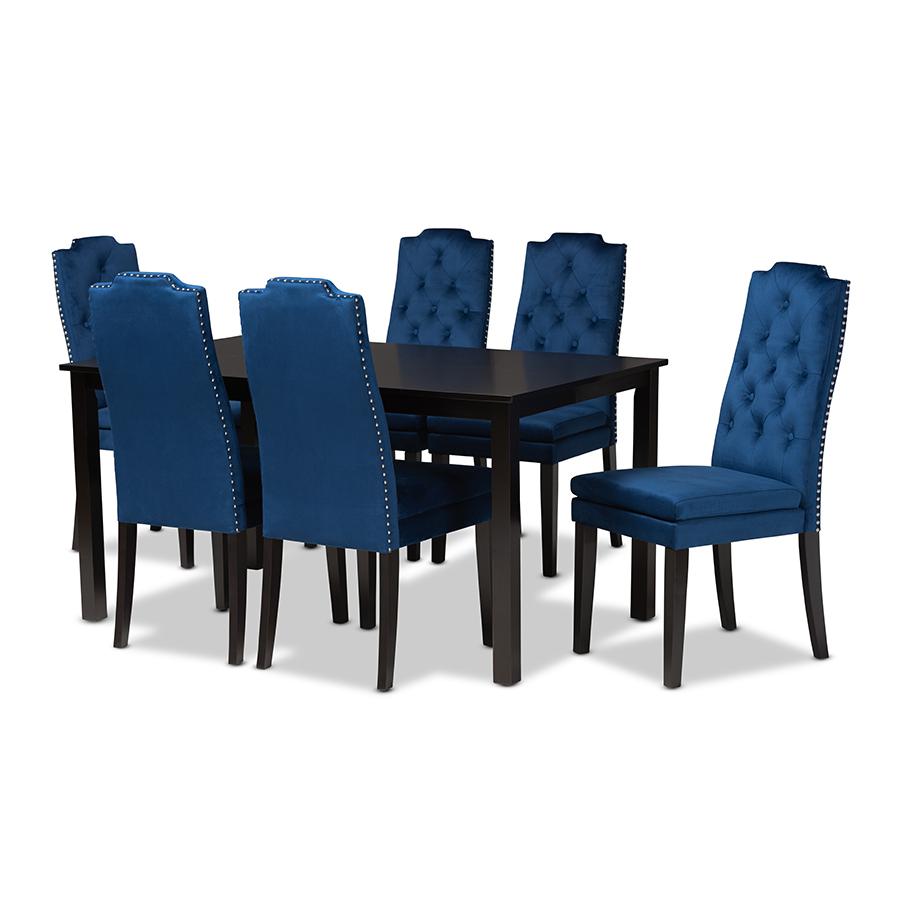 Baxton Studio Dylin Modern and Contemporary Navy Blue Velvet Fabric Upholstered and Dark Brown Finished Wood 7-Piece Dining Set | Dining Sets | Modishstore - 2