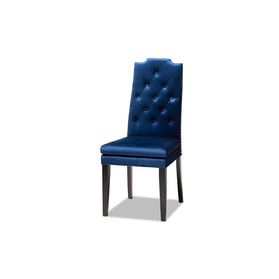 Baxton Studio Dylin Modern and Contemporary Navy Blue Velvet Fabric Upholstered and Dark Brown Finished Wood 7-Piece Dining Set | Dining Sets | Modishstore - 3