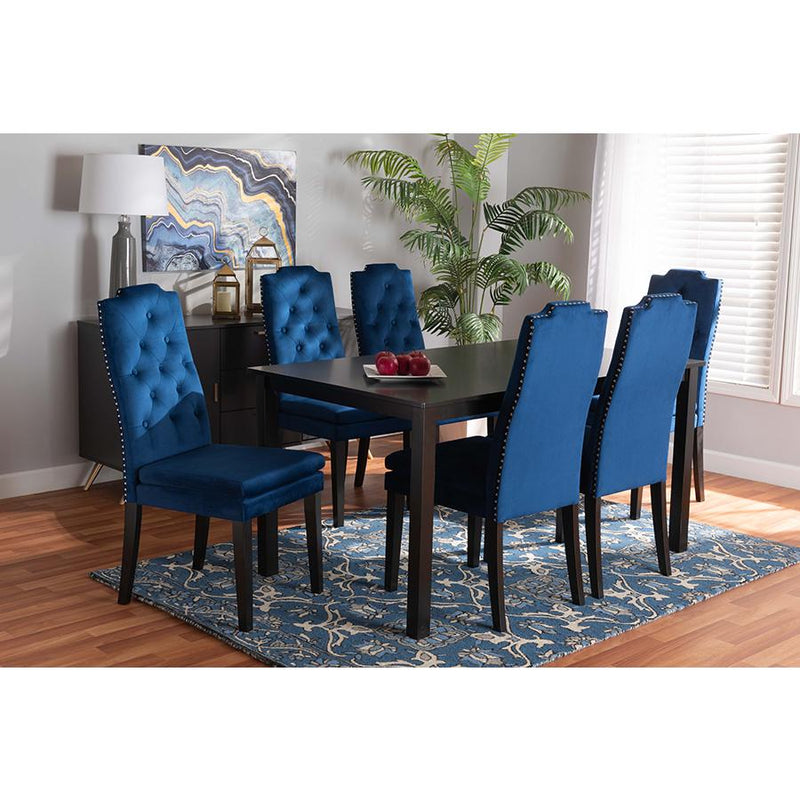 Baxton Studio Dylin Modern and Contemporary Navy Blue Velvet Fabric Upholstered and Dark Brown Finished Wood 7-Piece Dining Set | Dining Sets | Modishstore
