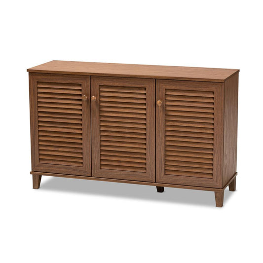 Baxton Studio Coolidge Modern and Contemporary Walnut Finished 8-Shelf Wood Shoe Storage Cabinet | Cabinets | Modishstore