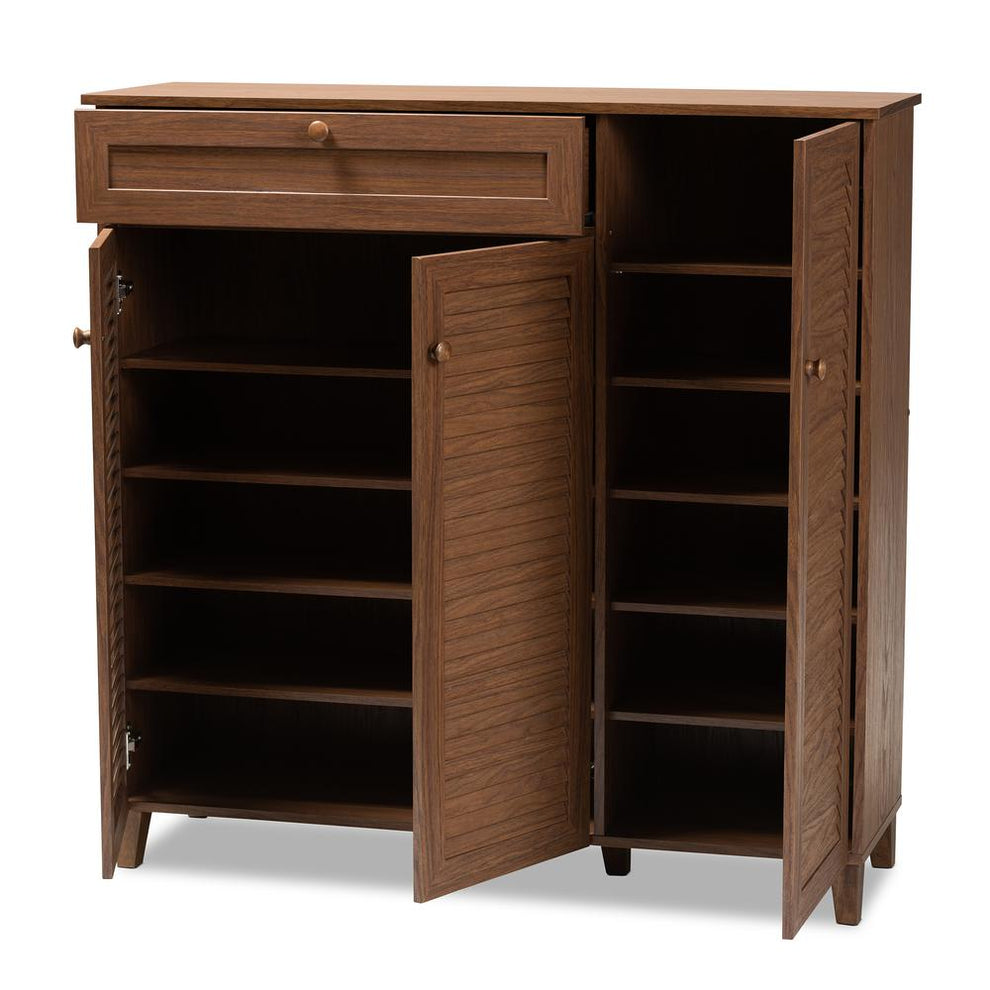 Baxton Studio Coolidge Modern and Contemporary Walnut Finished 11-Shelf Wood Shoe Storage Cabinet with Drawer | Cabinets | Modishstore - 2