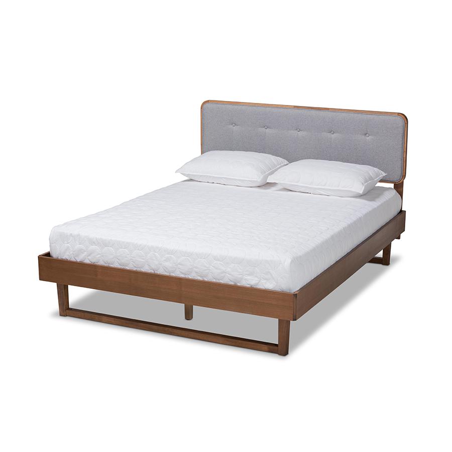 Baxton Studio Natalia Mid-Century Modern Light Grey Fabric Upholstered and Ash Walnut Finished Wood Full Size Platform Bed | Beds | Modishstore