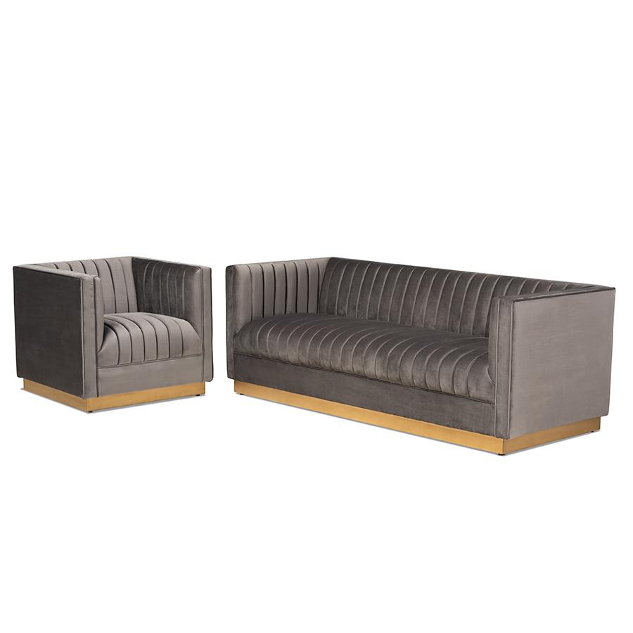 Baxton Studio Aveline Glam and Luxe Grey Velvet Fabric Upholstered Brushed Gold Finished 2-Piece Living Room Set | Sofas | Modishstore - 3