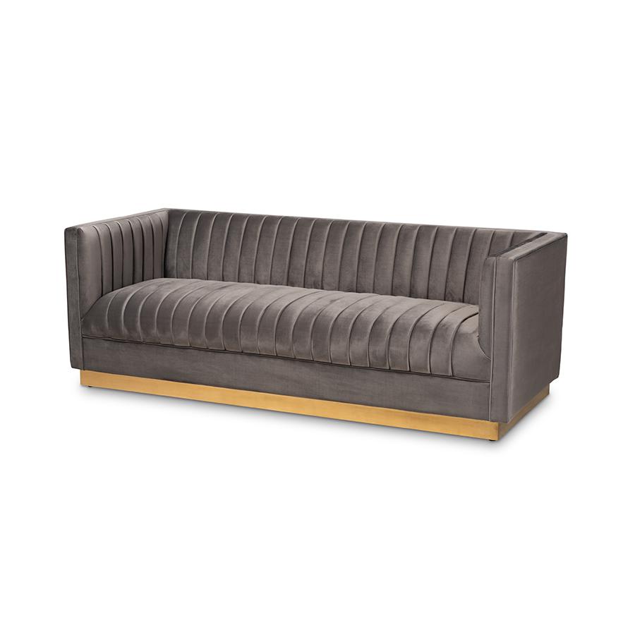 Baxton Studio Aveline Glam and Luxe Grey Velvet Fabric Upholstered Brushed Gold Finished 2-Piece Living Room Set | Sofas | Modishstore - 5