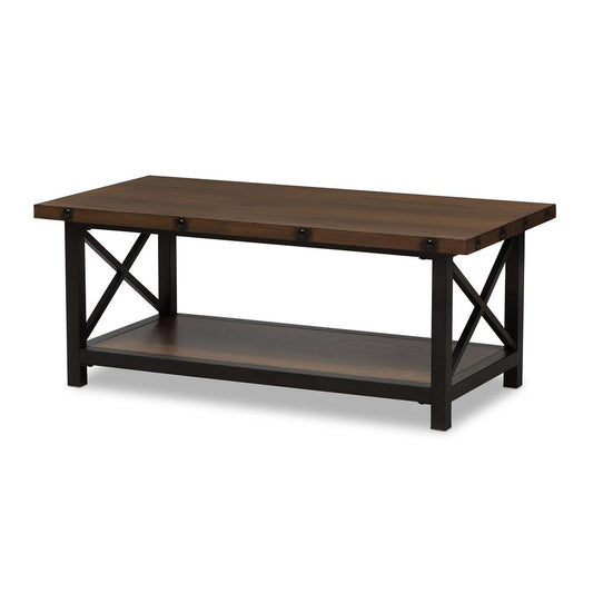 Baxton Studio Herzen Rustic Industrial Style Antique Black Textured Finished Metal Distressed Wood Occasional Cocktail Coffee Table | Coffee Tables | Modishstore