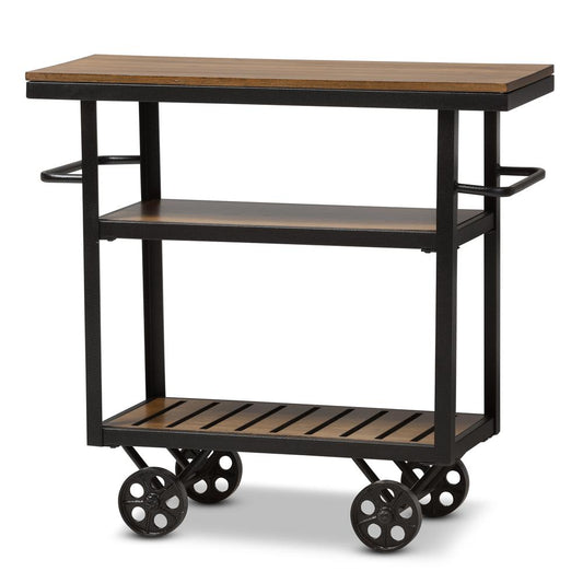 Baxton Studio Kennedy Rustic Industrial Style Antique Black Textured Finished Metal Distressed Wood Mobile Serving Cart | Bar Carts | Modishstore