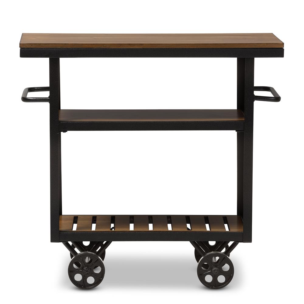 Baxton Studio Kennedy Rustic Industrial Style Antique Black Textured Finished Metal Distressed Wood Mobile Serving Cart | Bar Carts | Modishstore - 2