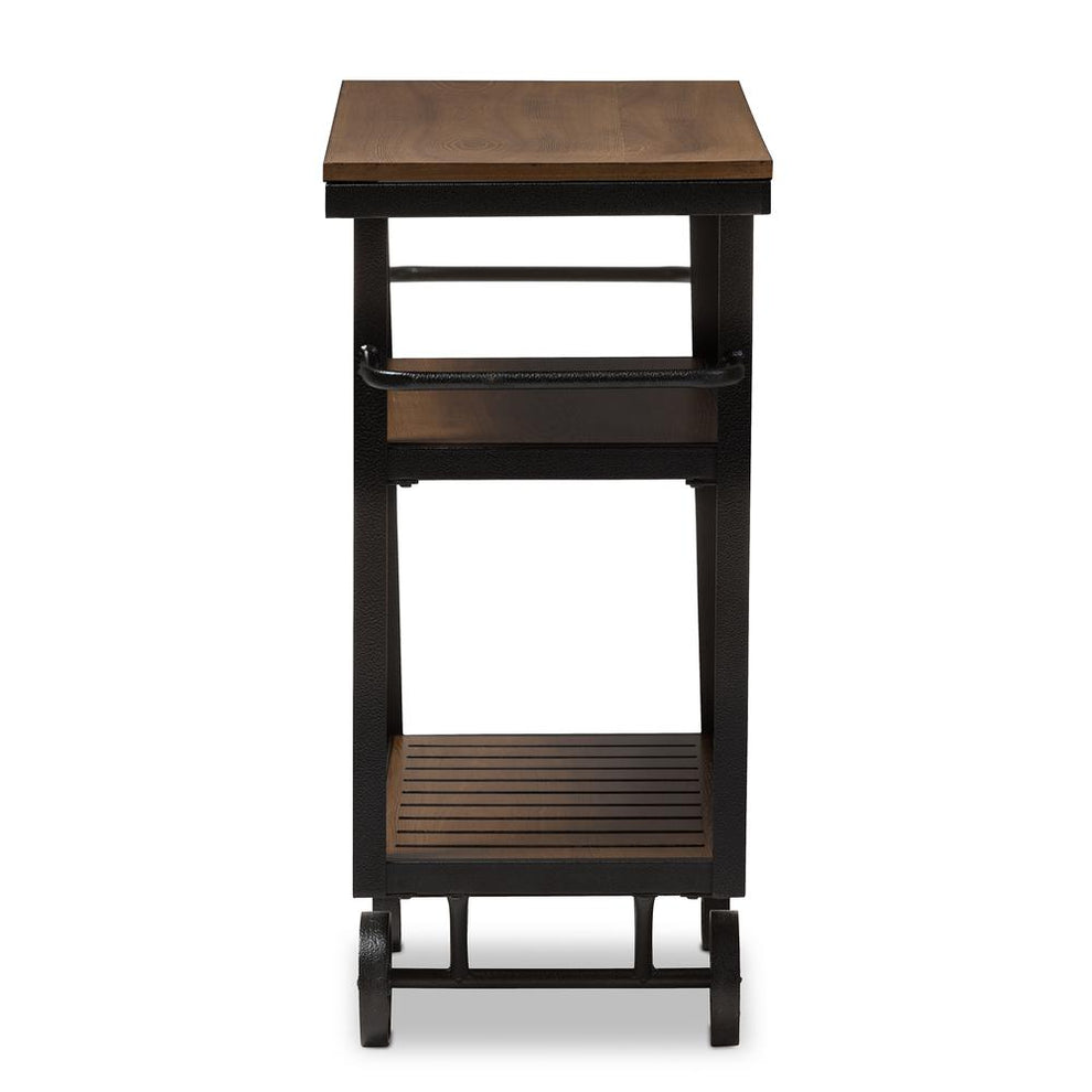Baxton Studio Kennedy Rustic Industrial Style Antique Black Textured Finished Metal Distressed Wood Mobile Serving Cart | Bar Carts | Modishstore - 3