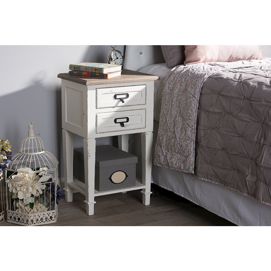 Baxton Studio Dauphine Provincial Style Weathered Oak and White Wash Distressed Finish Wood Nightstand | Nightstands | Modishstore - 2