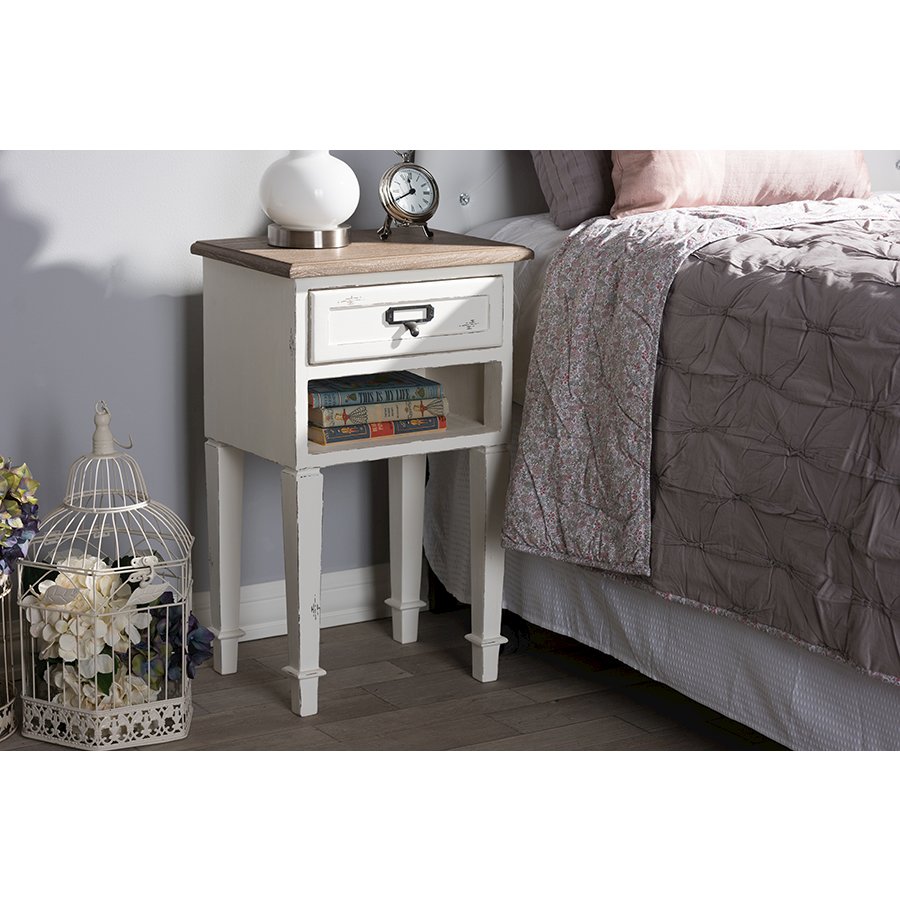 Baxton Studio Dauphine Provincial Style Weathered Oak and White Wash Distressed Finish Wood Nightstand | Nightstands | Modishstore - 2