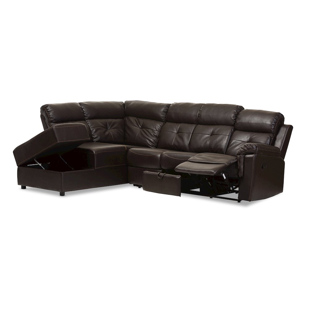 Baxton Studio Roland Modern and Contemporary Dark Brown Faux Leather 2-Piece Sectional with Recliner and Storage Chaise | Sofas | Modishstore - 5