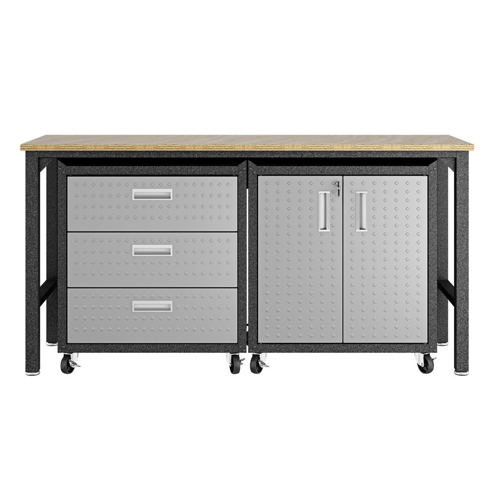 Manhattan Comfort 3-Piece Fortress Mobile Space-Saving Steel Garage Cabinet and Worktable 3.0 in Grey | Drawers | Modishstore