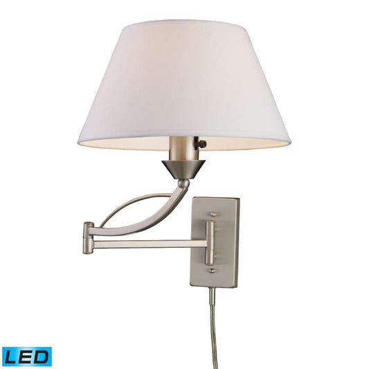 Elysburg 1-Light Swingarm Wall Lamp in Satin Nickel with White Fabric Shade - Includes LED Bulb | Sconces | Modishstore
