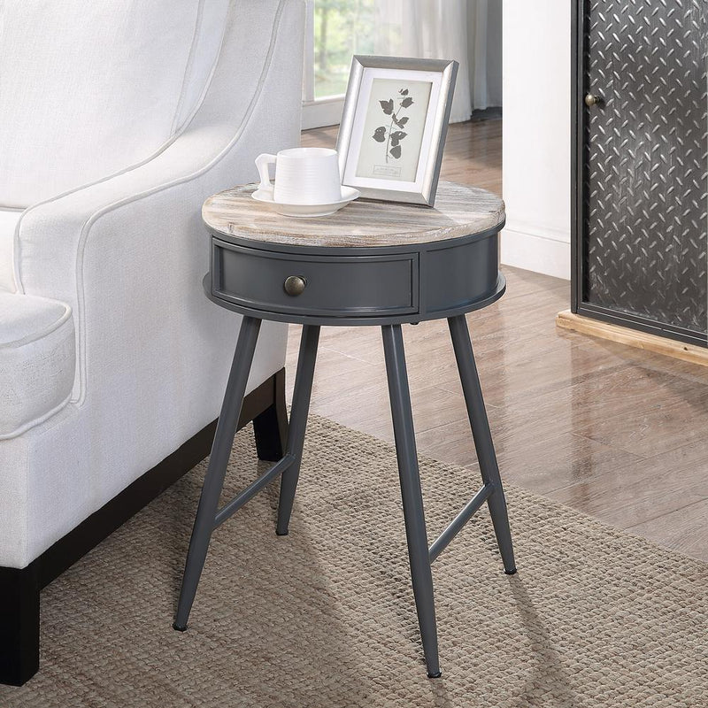 Round Table With Wood Fir Top, Gray Metal Base With Drawer By 4D Concepts | End Tables | Modishstore
