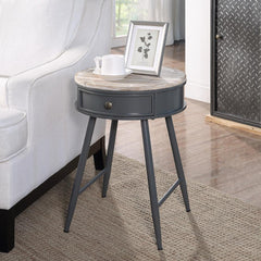 Round Table With Wood Fir Top, Gray Metal Base With Drawer By 4D Concepts