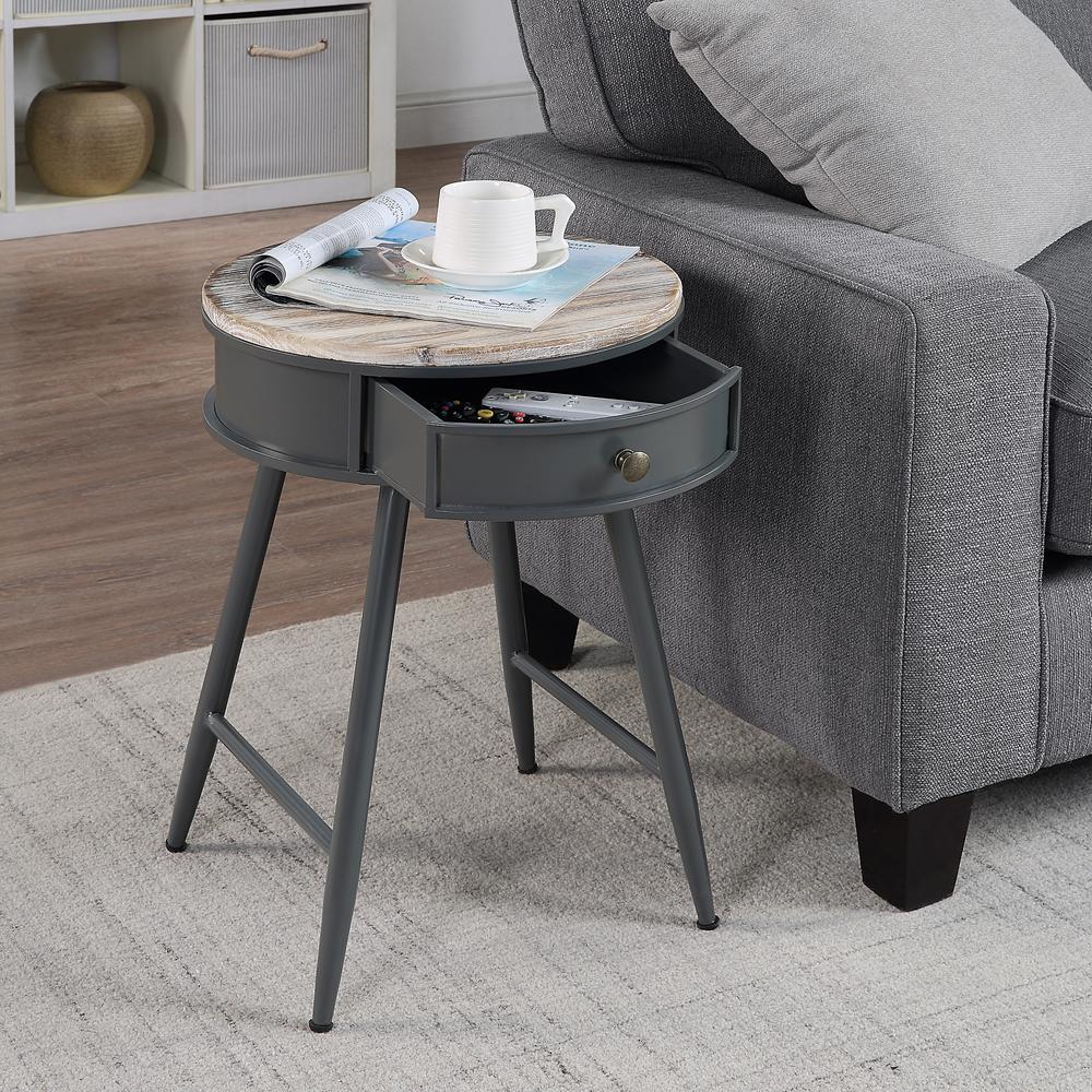Round Table With Wood Fir Top, Gray Metal Base With Drawer By 4D Concepts | End Tables | Modishstore - 5