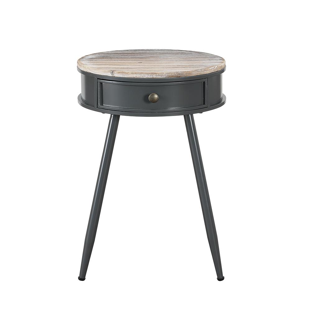 Round Table With Wood Fir Top, Gray Metal Base With Drawer By 4D Concepts | End Tables | Modishstore - 2
