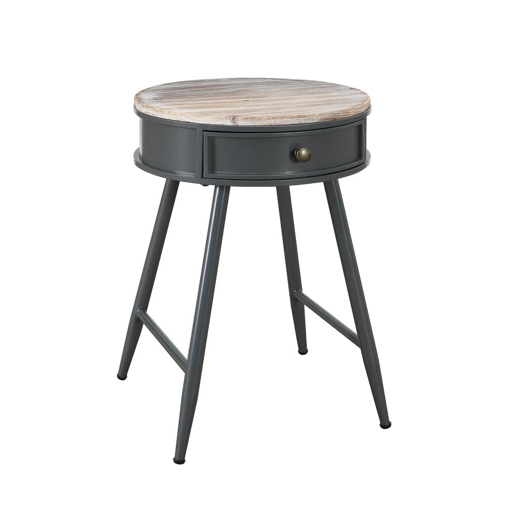 Round Table With Wood Fir Top, Gray Metal Base With Drawer By 4D Concepts | End Tables | Modishstore - 4