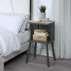 Tampa Side Table/Top Fir Wood, Woven Wrap Around Back, Metal Base By 4D Concepts